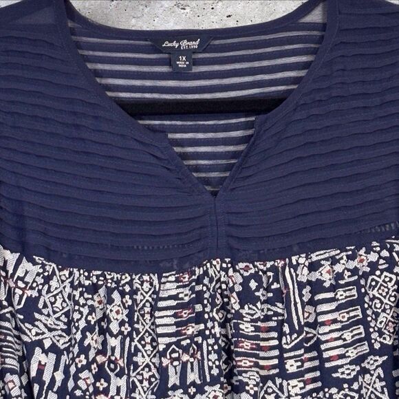Lucky Brand Top Pintuck Split Neck Women’s 1X Blue Flowy Boho Blouse Semi Sheer - Picture 4 of 8